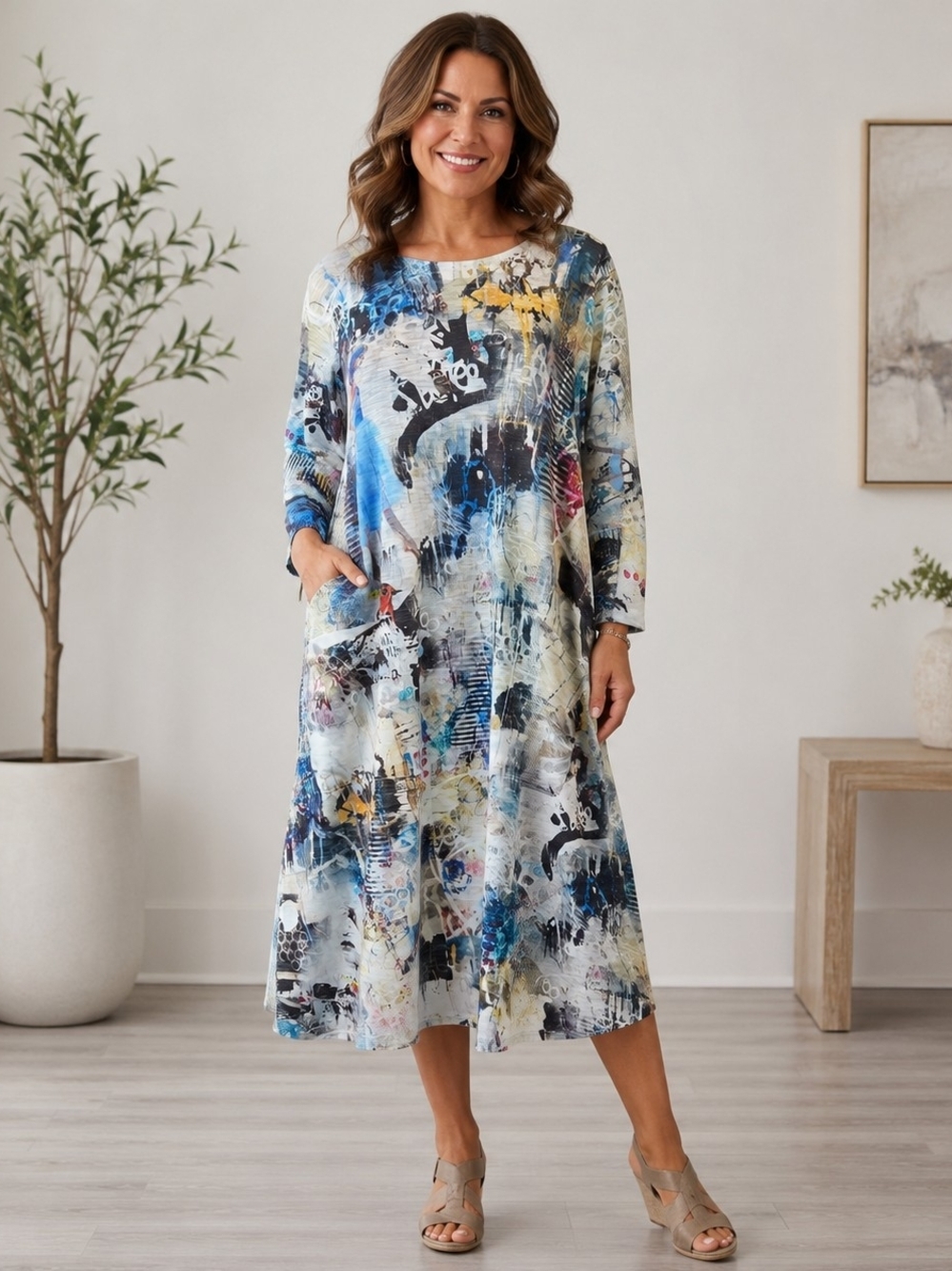 Abstract Multi-Blue Long Sleeve Midi Dress with Pockets Size Med